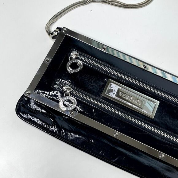 Versace Clutch Mini Bag Black Patent Leather Shoulder Handbag Wallet Purse Italy - Picture 1 of 16